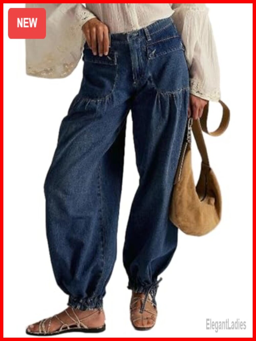 Wide Leg Baggy Jeans Pleated Drawstring Ankle Denim Pants
